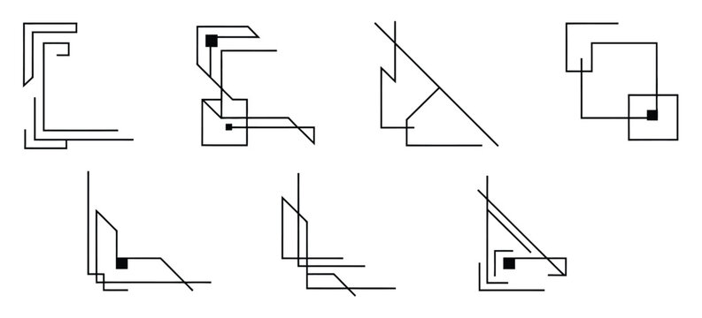 Geometric corner ornament vector set with black isolated minimal line art borders abstract tech frames and decorative angular flourishes