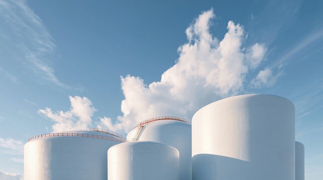 Green hydrogen storage tank facility with multiple large cylindrical tanks under a clear blue sky and scattered clouds, showcasing modern energy infrastructure