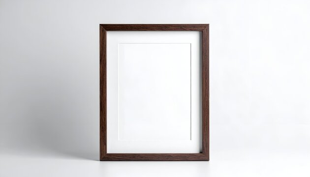 Wood frame with white matte, centered, portrait orientation, soft shadows on white