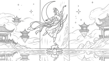 Obraz premium Chang’e flying above lotus beneath crescent moon coloring page — magical Chinese mythological sheet with pagodas and clouds