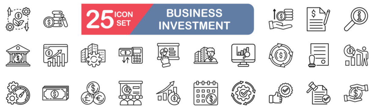 business investment set of web icons in line style. vector illustration concept relate to money, currency, asset, liability, economic, corporate, investm