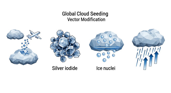 Cloud seeding process vector illustration with silver iodide and ice nuclei