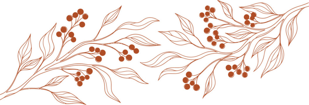 Minimalist botanical illustration of berry branches and leaves in warm terracotta tones isolated on white