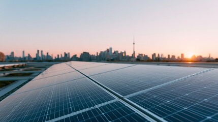 Fototapeta premium Solar panels installed on a rooftop with a panoramic view of a modern urban skyline during sunset, featuring skyscrapers and a prominent tower in the distance