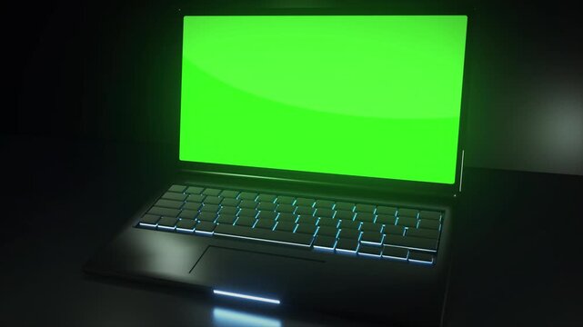 Dark Laptop Mockup with Green Screen in Neon Studio Light Cinematic Animation