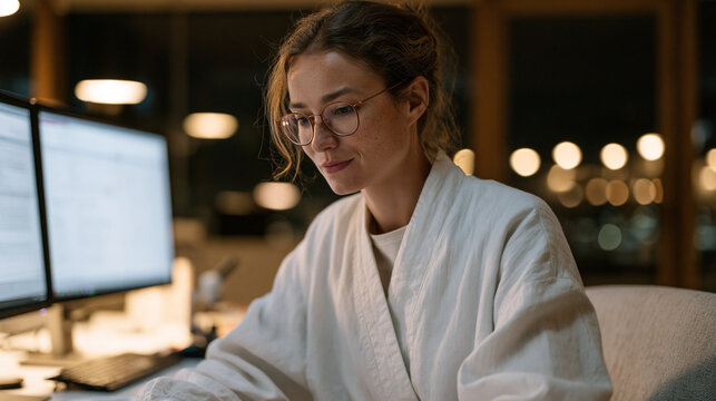 Research pharmacologist cross-referencing longevity compound interactions on dual-screen workstation in warm late-night biotech office, drug development anti-aging research professional career biote