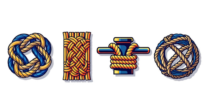 Set of decorative nautical rope knots and a mooring bollard, marine style vector illustration