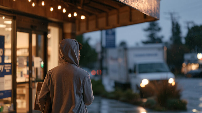 Rain-soaked community pharmacist rushes beneath an awning outside a closed pharmacy entrance, clutching a sealed pharmaceutical waste manifest and keys, as a licensed disposal contractor vehicle idl