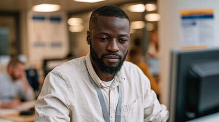Obraz premium Pharmacy benefit manager reviews tiered formulary data at a standing workstation inside a bustling health plan office, analyzing cost-sharing structures while colleagues discuss prior authorization 