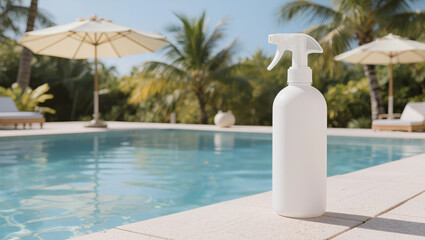 Fototapeta premium White spray bottle on a poolside surface at a tropical resort, with a softly blurred swimming pool, palm trees, and sun loungers in the background.