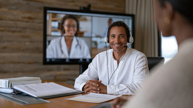 Pharmacy benefit management director leads a formulary review teleconference, split-screen showing clinical pharmacists and health plan actuaries on a video call, printed therapeutic class compariso