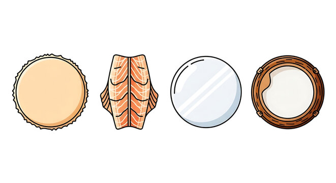 Set of various round and rectangular food items including a tart, salmon fillet, mirror glaze, and a wooden plate