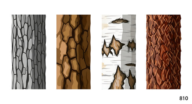 Set of four different tree bark textures, vector illustration of wooden trunks