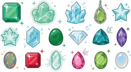 Colorful magic crystal and gemstone collection featuring diamond emerald ruby sapphire star and crystal clusters isolated on white background vector cartoon illustration © MstHura