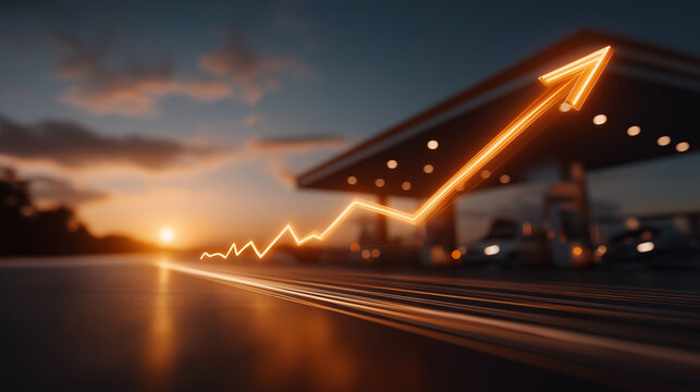 Fuel Price Surge: An illuminated upward trend graph overlays a silhouetted gas station at sunset, visually representing the escalating cost of fuel and its impact on transportation and energy sectors.
