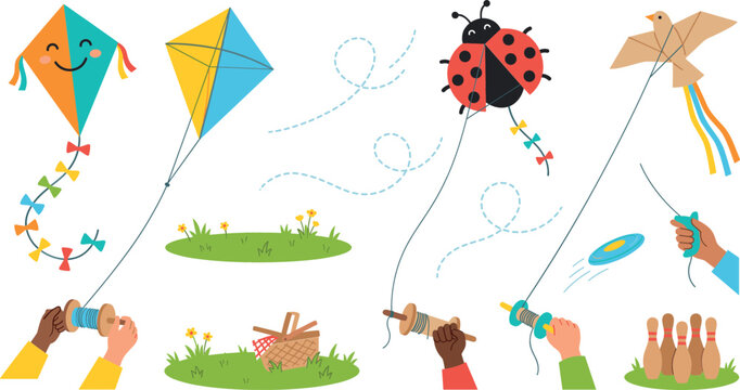 Colorful outdoor flying kites set with smiling face ladybug bird designs hands holding spools picnic grass and frisbee isolated vector cartoon illustration