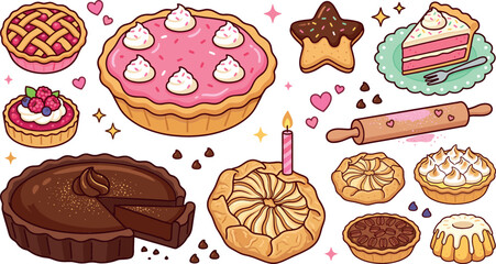 Cute cartoon pies and cakes collection with berry tart chocolate pie lattice crust dessert slice and baking rolling pin isolated vector illustration © MstHura