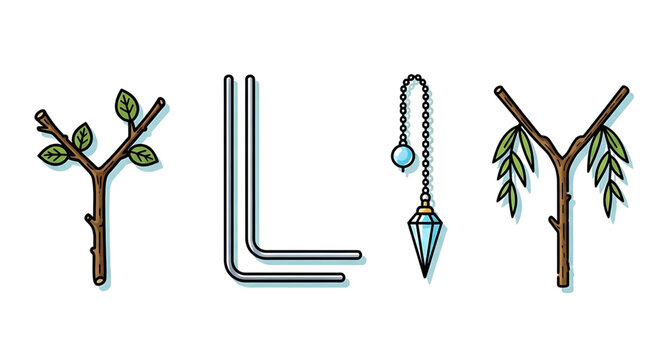 Creative alphabet letters made of dowsing tools, yshaped branches, lshaped rods and a pendulum