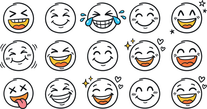 Cute line art emoji faces collection featuring happy laughing crying with joy smiling and playful expressions isolated on white background vector cartoon illustration