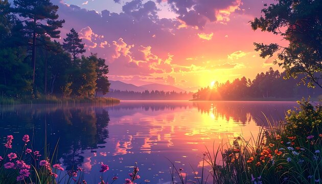 Vibrant lake sunset