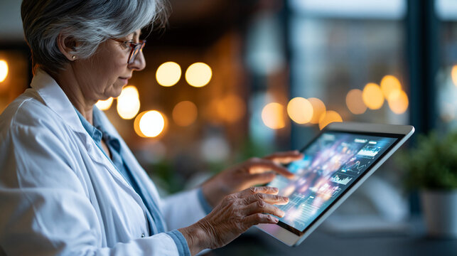 A  doctor viewed from the side uses a bright tablet showing soft glowing softly defocused AI healthcare analytics in a calm modern clinic in soft daylight healthcare
