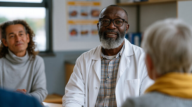 Diabetes management pharmacist facilitates a small group patient education class at a community health center, participants seated at a round table practicing with continuous glucose monitoring sens