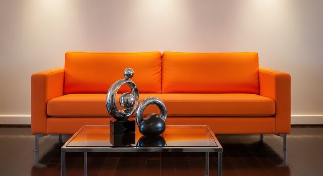 A bright orange modern sofa complements abstract metallic sculptures on a glass coffee table in a stylish living room.
