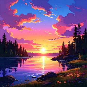 Vibrant lakeside sunset