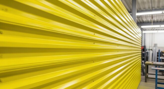 Bright Yellow Corrugated Metal Sheeting Texture With Repeating Ribbed Pattern