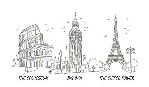 Minimal continuous line sketch of famous European landmarks travel vector