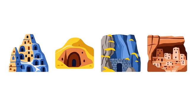 Set of ancient cave dwellings and rockcut architecture icons