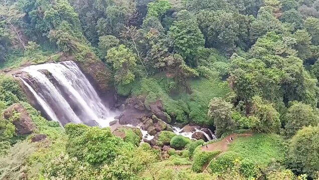 Scenic Curug Sewu Waterfall Flowing Through Lush Green Forest in Central Java Indonesia