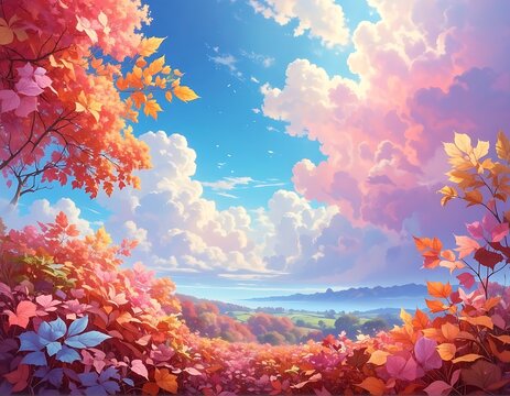Vibrant landscape. Autumnal leaves frame a vista of rolling hills under a blue sky with fluffy pink-tinged clouds