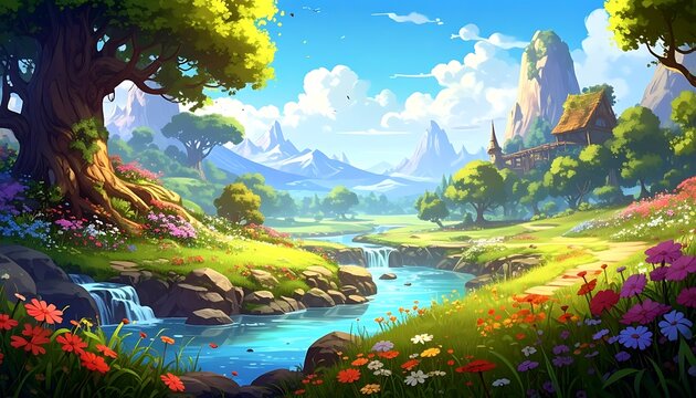 Vibrant landscape art. Stream flows past colorful flowers and trees towards distant mountains on a sunny day