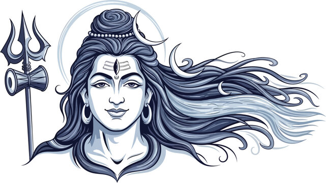 Illustration of a male deity face with long hair and trident