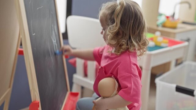 Little blonde girl erasing a chalkboard with her hand while holding a doll near a toy kitchen and storage bin in a building; playful curiosity.