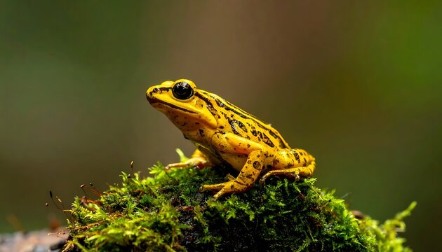 Vibrant golden frog with dark stripes rests atop a patch of bright green moss against a blurred, leafy background