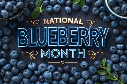National blueberry month poster featuring bold neon typography surrounded by fresh ripe berries and green mint leaves on a dark textured background for food events