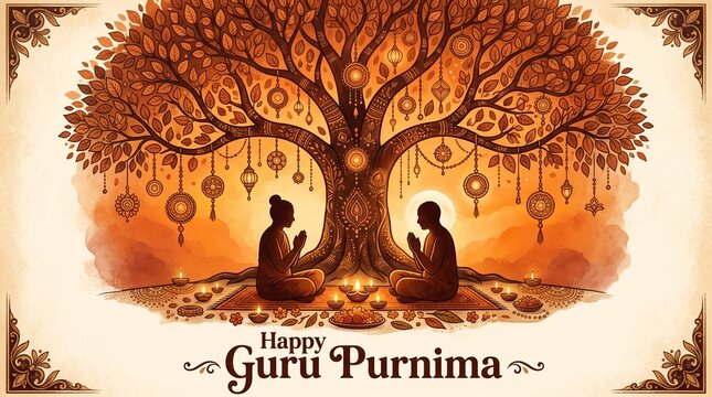 Happy Guru Purnima abstract vector artwork featuring silhouettes of a guru and shishya in a sacred posture under a Bodhi tree, glowing auras, and traditional Indian decorative
