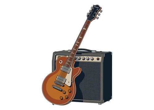 Electric guitar and amplifier stack illustration on transparent background.