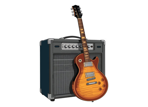 Electric guitar and amplifier stack illustration on transparent background.