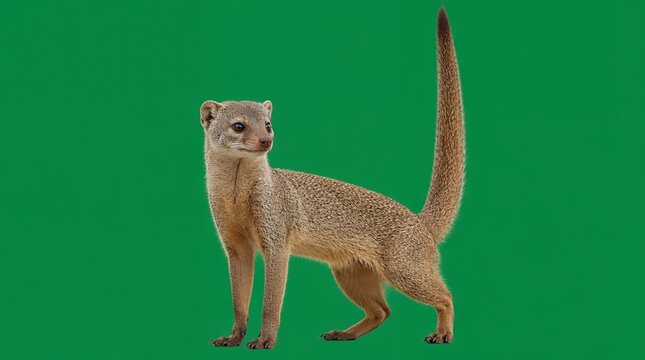 Slender Mongoose Standing with Upright Tail Isolated on Green Background