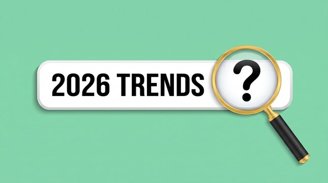 2026 Trends forecast concept with magnifying glass, future market research analysis, business strategy and trend searching on green background