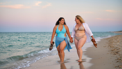 Fototapeta premium Two women walk along a sandy beach at sunrise, enjoying the ocean view and sharing a relaxed moment together.