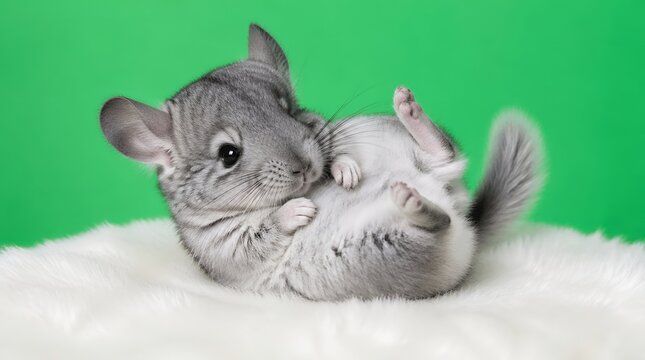 Adorable Grey Chinchilla Lying on Soft White Fur Against Solid Green Background, Playful Pet Rodent Isolated