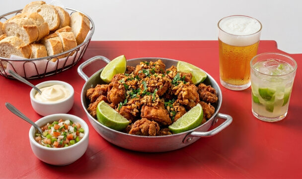 Frango a passarinho com alho frito servido com vinagrete, maionese, p&atilde;o fatiado, cerveja e caipirinha em mesa de boteco vermelha