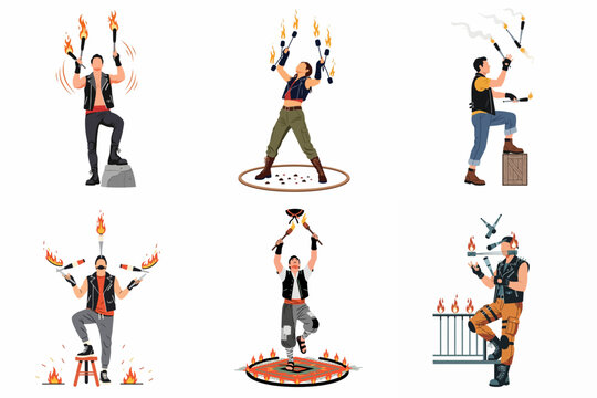 Professional fire jugglers and street performers set, featuring diverse characters balancing and performing tricks with burning torches in flat vector style.