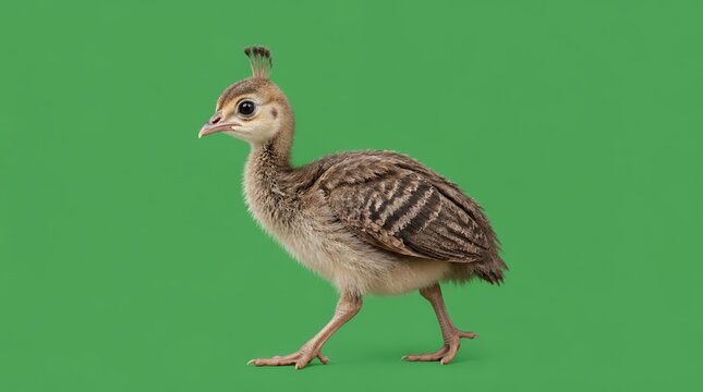 Adorable Baby Peacock Chick Walking on Green Background - Small Peachick Isolated on Chroma Key