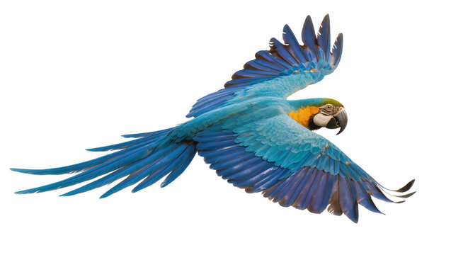 Blue and yellow macaw parrot in flight, isolated on transparent background