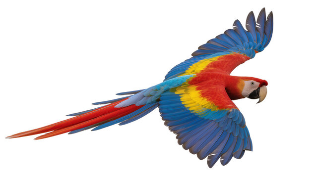Scarlet macaw parrot with vibrant red yellow and blue plumage flying, isolated on transparent background